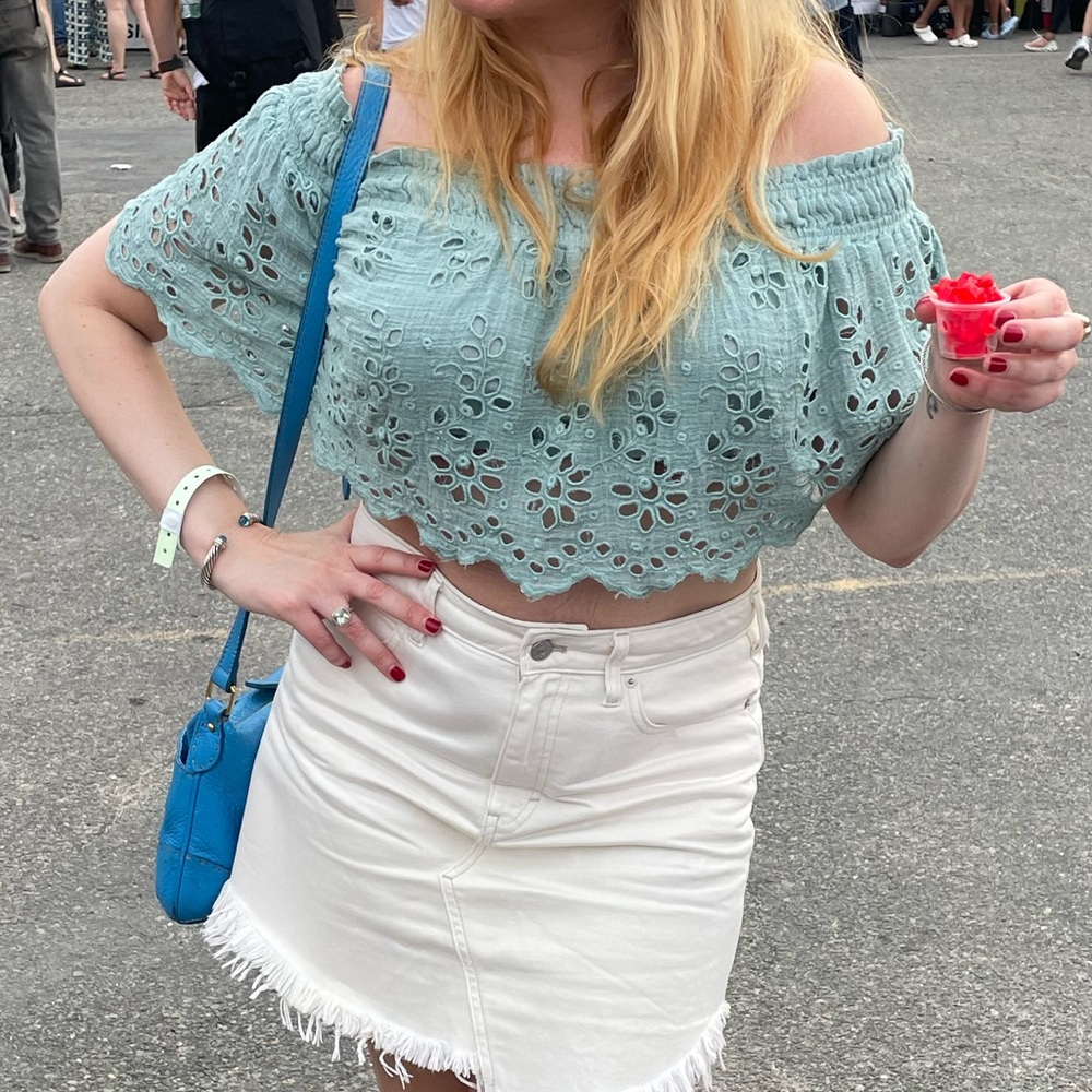 Light blue crochet Free People cropped off the shoulder top